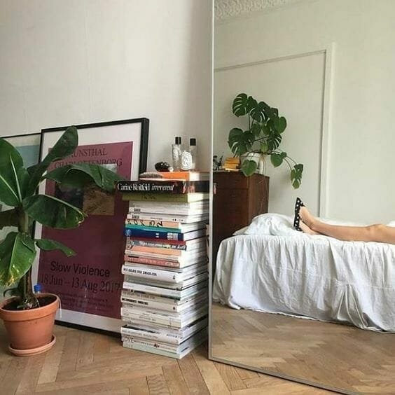 miegamasis su knygomis ir medinis parketas su gėlių molio vazonu namų bibliotekoje
